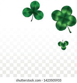 Vector Clover Leaf  Isolated on Transparent Background with Space for Text. St. Patrick's Day Illustration. Ireland's Lucky Shamrock Poster. Invintation for Concert in Pub. Flatlay.  Success Symbols.