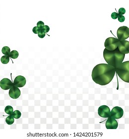 Vector Clover Leaf  Isolated on Transparent Background with Space for Text. St. Patrick's Day Illustration. Ireland's Lucky Shamrock Poster. Banner for Concert in Pub. Flatlay.  Success Symbols.