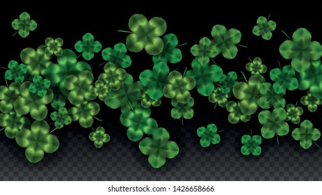Vector Clover Leaf  Isolated on Transparent Background with Space for Text. St. Patrick's Day Illustration. Ireland's Lucky Shamrock Poster. Invintation for Concert in Pub. Flatlay.  Success Symbols.