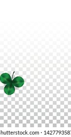 Vector Clover Leaf  Isolated on Transparent Background with Space for Text. St. Patrick's Day Illustration. Ireland's Lucky Shamrock Poster. Banner for Irish Party Top View.  Success Symbols.