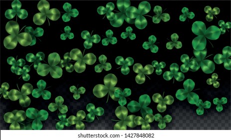 Vector Clover Leaf  Isolated on Transparent Background with Space for Text. St. Patrick's Day Illustration. Ireland's Lucky Shamrock Poster. Banner for Irish Party Top View.  Success Symbols.