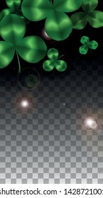 Vector Clover Leaf  Isolated on Transparent Background with Space for Text. St. Patrick's Day Illustration. Ireland's Lucky Shamrock Poster. Invintation for Irish Party Top View.  Success Symbols.