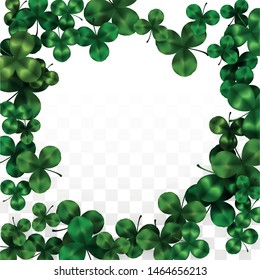 Vector Clover Leaf  Isolated on Transparent Background with Space for Text. St. Patrick's Day Illustration. Ireland's Lucky Shamrock Poster. Invintation for Irish Party Top View.  Success Symbols.