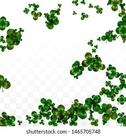 Vector Clover Leaf  Isolated on Transparent Background with Space for Text. St. Patrick's Day Illustration. Ireland's Lucky Shamrock Poster. Invintation for Concert in Pub. Top View.  Success Symbols.