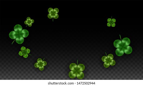 Vector Clover Leaf  Isolated on Transparent Background with Space for Text. St. Patrick's Day Illustration. Ireland's Lucky Shamrock Poster. Banner for Concert in Pub. Top View.  Success Symbols.
