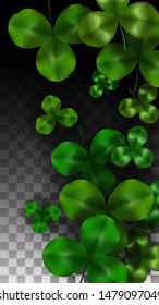 Vector Clover Leaf  Isolated on Transparent Background with Space for Text. St. Patrick's Day Illustration. Ireland's Lucky Shamrock Poster. Banner for Concert in Pub. Top View.  Success Symbols.