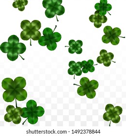 Vector Clover Leaf  Isolated on Transparent Background with Space for Text. St. Patrick's Day Illustration. Ireland's Lucky Shamrock Poster. Invintation for Irish Party Top View.  Success Symbols.