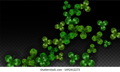 Vector Clover Leaf  Isolated on Transparent Background with Space for Text. St. Patrick's Day Illustration. Ireland's Lucky Shamrock Poster. Banner for Irish Party Top View.  Success Symbols.