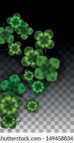 Vector Clover Leaf  Isolated on Transparent Background with Space for Text. St. Patrick's Day Illustration. Ireland's Lucky Shamrock Poster. Invintation for Concert in Pub. Flatlay.  Success Symbols.