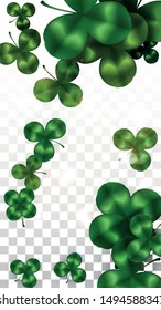 Vector Clover Leaf  Isolated on Transparent Background with Space for Text. St. Patrick's Day Illustration. Ireland's Lucky Shamrock Poster. Banner for Irish Party Flatlay.  Success Symbols.