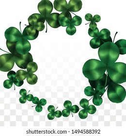 Vector Clover Leaf  Isolated on Transparent Background with Space for Text. St. Patrick's Day Illustration. Ireland's Lucky Shamrock Poster. Banner for Irish Party Top View.  Success Symbols.