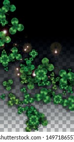 Vector Clover Leaf  Isolated on Transparent Background with Space for Text. St. Patrick's Day Illustration. Ireland's Lucky Shamrock Poster. Banner for Concert in Pub. Top View.  Success Symbols.