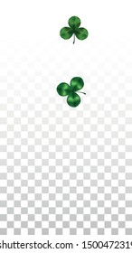 Vector Clover Leaf  Isolated on Transparent Background with Space for Text. St. Patrick's Day Illustration. Ireland's Lucky Shamrock Poster. Banner for Concert in Pub. Top View.  Success Symbols.