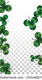 Vector Clover Leaf  Isolated on Transparent Background with Space for Text. St. Patrick's Day Illustration. Ireland's Lucky Shamrock Poster. Banner for Irish Party Top View.  Success Symbols.