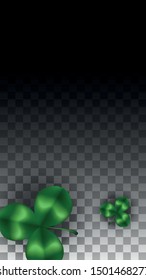 Vector Clover Leaf  Isolated on Transparent Background with Space for Text. St. Patrick's Day Illustration. Ireland's Lucky Shamrock Poster. Invintation for Concert in Pub. Top View.  Success Symbols.
