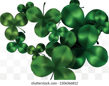 Vector Clover Leaf  Isolated on Transparent Background with Space for Text. St. Patrick's Day Illustration. Ireland's Lucky Shamrock Poster. Invintation for Concert in Pub. Flatlay.  Success Symbols.