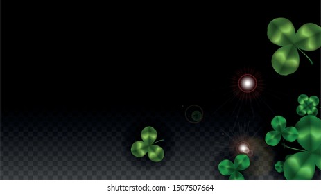 Vector Clover Leaf  Isolated on Transparent Background with Space for Text. St. Patrick's Day Illustration. Ireland's Lucky Shamrock Poster. Banner for Concert in Pub. Top View.  Success Symbols.