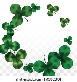 Vector Clover Leaf  Isolated on Transparent Background with Space for Text. St. Patrick's Day Illustration. Ireland's Lucky Shamrock Poster. Invintation for Irish Party Top View.  Success Symbols.