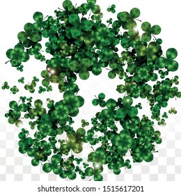 Vector Clover Leaf  Isolated on Transparent Background with Space for Text. St. Patrick's Day Illustration. Ireland's Lucky Shamrock Poster. Banner for Concert in Pub. Flatlay.  Success Symbols.