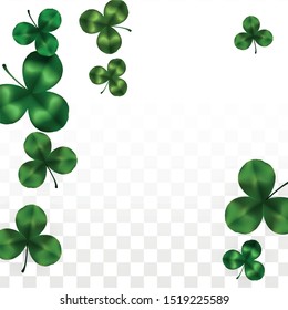 Vector Clover Leaf  Isolated on Transparent Background with Space for Text. St. Patrick's Day Illustration. Ireland's Lucky Shamrock Poster. Banner for Irish Party Top View.  Success Symbols.