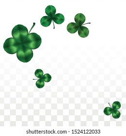 Vector Clover Leaf  Isolated on Transparent Background with Space for Text. St. Patrick's Day Illustration. Ireland's Lucky Shamrock Poster. Banner for Concert in Pub. Top View.  Success Symbols.