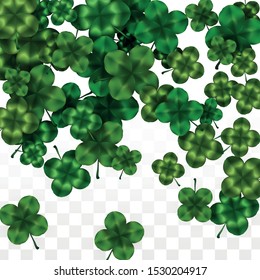 Vector Clover Leaf  Isolated on Transparent Background with Space for Text. St. Patrick's Day Illustration. Ireland's Lucky Shamrock Poster. Banner for Irish Party Top View.  Success Symbols.