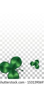 Vector Clover Leaf  Isolated on Transparent Background with Space for Text. St. Patrick's Day Illustration. Ireland's Lucky Shamrock Poster. Banner for Concert in Pub. Flatlay.  Success Symbols.