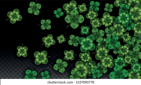 Vector Clover Leaf  Isolated on Transparent Background with Space for Text. St. Patrick's Day Illustration. Ireland's Lucky Shamrock Poster. Banner for Concert in Pub. Top View.  Success Symbols.