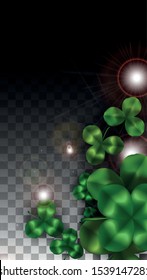 Vector Clover Leaf  Isolated on Transparent Background with Space for Text. St. Patrick's Day Illustration. Ireland's Lucky Shamrock Poster. Banner for Irish Party Top View.  Success Symbols.