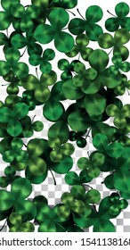 Vector Clover Leaf  Isolated on Transparent Background with Space for Text. St. Patrick's Day Illustration. Ireland's Lucky Shamrock Poster. Banner for Irish Party Flatlay.  Success Symbols.