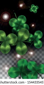 Vector Clover Leaf  Isolated on Transparent Background with Space for Text. St. Patrick's Day Illustration. Ireland's Lucky Shamrock Poster. Invintation for Irish Party Flatlay.  Success Symbols.