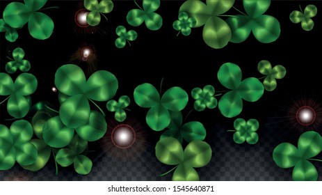 Vector Clover Leaf  Isolated on Transparent Background with Space for Text. St. Patrick's Day Illustration. Ireland's Lucky Shamrock Poster. Banner for Concert in Pub. Top View.  Success Symbols.