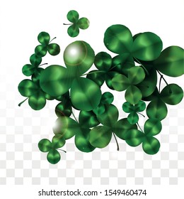 Vector Clover Leaf  Isolated on Transparent Background with Space for Text. St. Patrick's Day Illustration. Ireland's Lucky Shamrock Poster. Banner for Irish Party Flatlay.  Success Symbols.