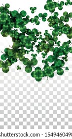 Vector Clover Leaf  Isolated on Transparent Background with Space for Text. St. Patrick's Day Illustration. Ireland's Lucky Shamrock Poster. Banner for Irish Party Top View.  Success Symbols.