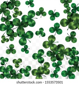 Vector Clover Leaf  Isolated on Transparent Background with Space for Text. St. Patrick's Day Illustration. Ireland's Lucky Shamrock Poster. Banner for Irish Party Top View.  Success Symbols.