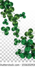 Vector Clover Leaf  Isolated on Transparent Background with Space for Text. St. Patrick's Day Illustration. Ireland's Lucky Shamrock Poster. Banner for Concert in Pub. Flatlay.  Success Symbols.