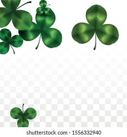 Vector Clover Leaf  Isolated on Transparent Background with Space for Text. St. Patrick's Day Illustration. Ireland's Lucky Shamrock Poster. Banner for Concert in Pub. Top View.  Success Symbols.