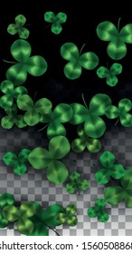 Vector Clover Leaf  Isolated on Transparent Background with Space for Text. St. Patrick's Day Illustration. Ireland's Lucky Shamrock Poster. Invintation for Irish Party Top View.  Success Symbols.