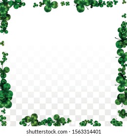 Vector Clover Leaf  Isolated on Transparent Background with Space for Text. St. Patrick's Day Illustration. Ireland's Lucky Shamrock Poster. Invintation for Concert in Pub. Top View.  Success Symbols.