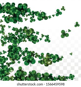 Vector Clover Leaf  Isolated on Transparent Background with Space for Text. St. Patrick's Day Illustration. Ireland's Lucky Shamrock Poster. Invintation for Concert in Pub. Top View.  Success Symbols.