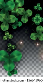 Vector Clover Leaf  Isolated on Transparent Background with Space for Text. St. Patrick's Day Illustration. Ireland's Lucky Shamrock Poster. Invintation for Concert in Pub. Flatlay.  Success Symbols.