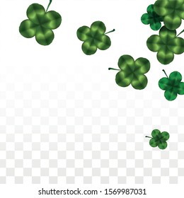 Vector Clover Leaf  Isolated on Transparent Background with Space for Text. St. Patrick's Day Illustration. Ireland's Lucky Shamrock Poster. Invintation for Concert in Pub. Top View.  Success Symbols.