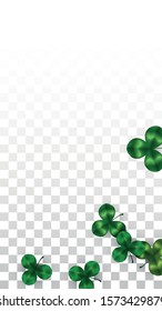 Vector Clover Leaf  Isolated on Transparent Background with Space for Text. St. Patrick's Day Illustration. Ireland's Lucky Shamrock Poster. Invintation for Concert in Pub. Top View.  Success Symbols.