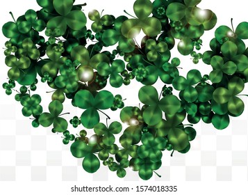 Vector Clover Leaf  Isolated on Transparent Background with Space for Text. St. Patrick's Day Illustration. Ireland's Lucky Shamrock Poster. Banner for Concert in Pub. Top View.  Success Symbols.