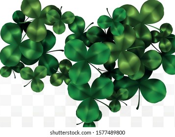 Vector Clover Leaf  Isolated on Transparent Background with Space for Text. St. Patrick's Day Illustration. Ireland's Lucky Shamrock Poster. Invintation for Irish Party Top View.  Success Symbols.