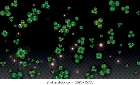 Vector Clover Leaf  Isolated on Transparent Background with Space for Text. St. Patrick's Day Illustration. Ireland's Lucky Shamrock Poster. Invintation for Concert in Pub. Top View.  Success Symbols.