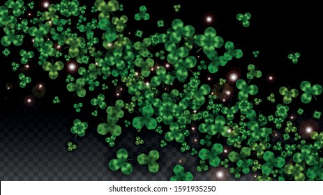 Vector Clover Leaf  Isolated on Transparent Background with Space for Text. St. Patrick's Day Illustration. Ireland's Lucky Shamrock Poster. Invintation for Irish Party Flatlay.  Success Symbols.