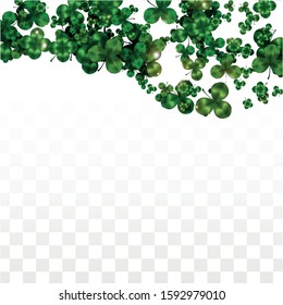 Vector Clover Leaf  Isolated on Transparent Background with Space for Text. St. Patrick's Day Illustration. Ireland's Lucky Shamrock Poster. Banner for Irish Party Top View.  Success Symbols.