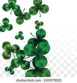 Vector Clover Leaf  Isolated on Transparent Background with Space for Text. St. Patrick's Day Illustration. Ireland's Lucky Shamrock Poster. Banner for Concert in Pub. Top View.  Success Symbols.