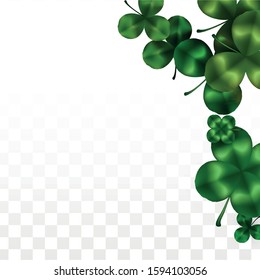 Vector Clover Leaf  Isolated on Transparent Background with Space for Text. St. Patrick's Day Illustration. Ireland's Lucky Shamrock Poster. Banner for Concert in Pub. Top View.  Success Symbols.